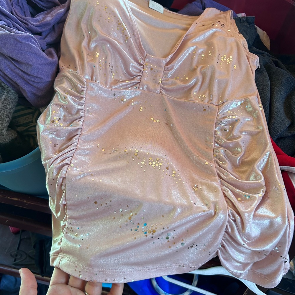 Vintage Top Womens Large Pink Metallic Glitter Sequin Ruched Y2K Suzy Shier - Picture 8 of 10